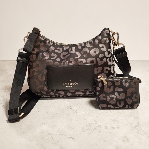 kate spade Handbags - Kate Spade Black and Silver Cheetah Print Hobo Crossbody Bag With Pouchette